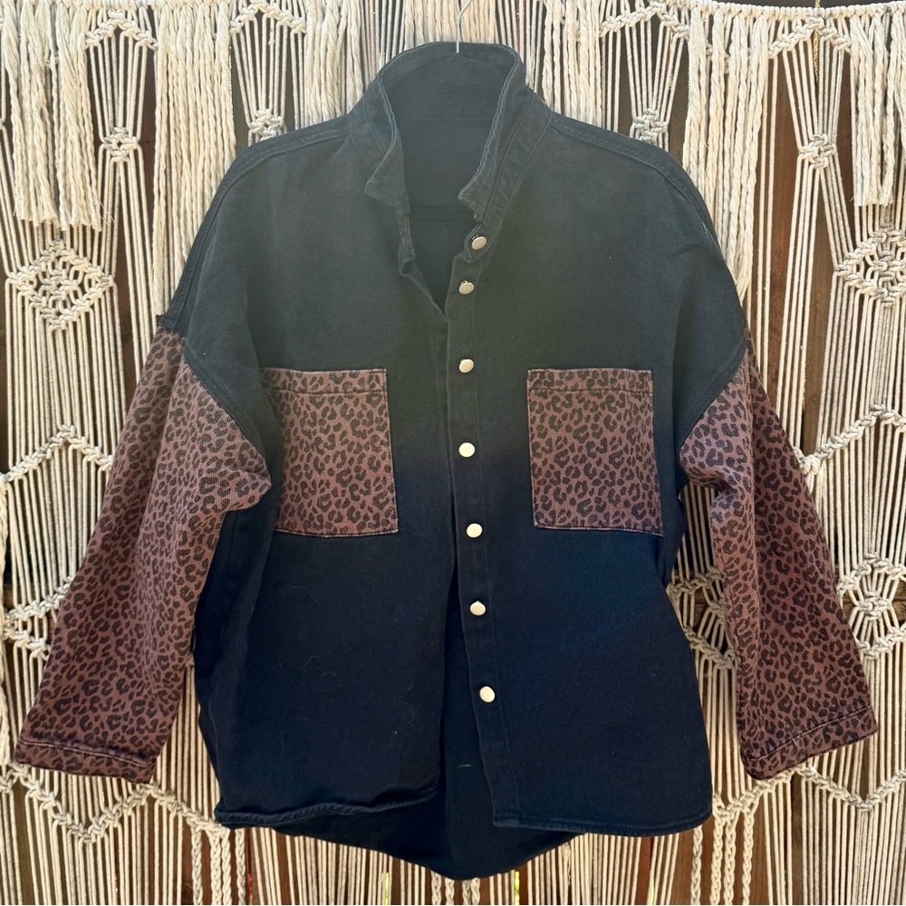 Women’s Leopard Print Black Denim Jacket. Never worn. Size L